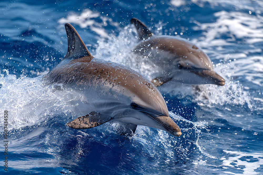 Obraz premium Two Wild Dolphins Leaping from Azure Ocean, Creating Exhilarating Water Splashes