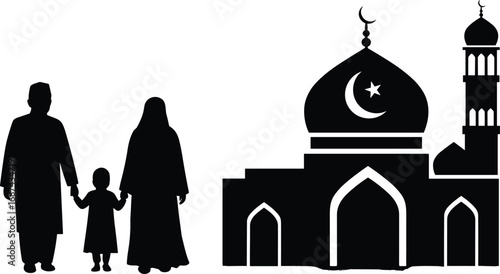 Silhouette of Muslim Family Visiting Mosque, Islamic Worship Concept, Parents and Child Together, Faith, Religion, Spirituality, Ramadan, Eid, Prayer