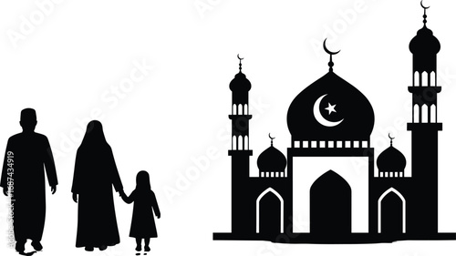 Silhouette of Muslim Family Visiting Mosque, Islamic Worship Concept, Parents and Child Together, Faith, Religion, Spirituality, Ramadan, Eid, Prayer