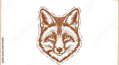 Detailed illustration of a fox head with a vintage, etched or woodcut style, centered on a white background.