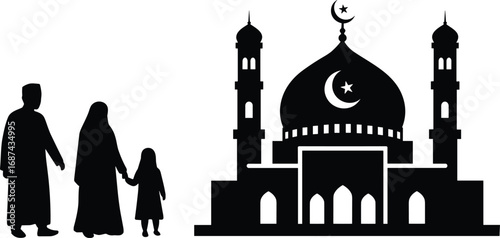 Silhouette of Muslim Family Visiting Mosque, Islamic Worship Concept, Parents and Child Together, Faith, Religion, Spirituality, Ramadan, Eid, Prayer
