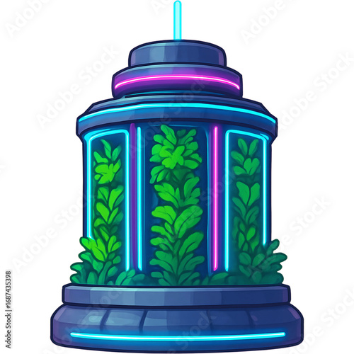 A vibrant cyberpunk terrarium glowing with blue and pink neon lights, showcasing a futuristic self-contained plant ecosystem