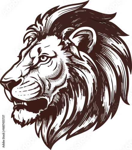 A powerful lion's head in profile, depicted with a fierce expression and a detailed, flowing mane in a vintage engraving style.