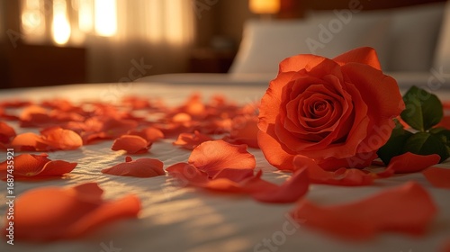 Close-up of a rose and scattered petals on a bed in a warmly lit room.