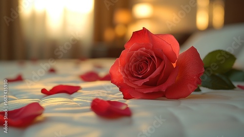 Elegant red rose and scattered petals create a romantic, intimate setting on a plush bed, bathed in warm, gentle light, symbolizing deep love, passion, and special moments