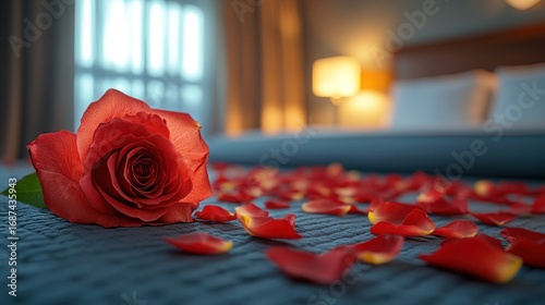 Close-up of a vibrant red rose and scattered petals on a soft blue bedspread, evoking romance and a special, intimate atmosphere in a modern bedroom setting