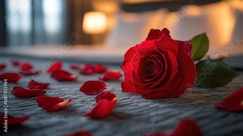 Close-up of a red rose and scattered petals on a textured bedspread in a romantic setting.