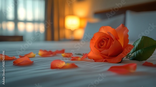 Romantic orange rose with scattered petals on a bed, perfect for expressing love and affection