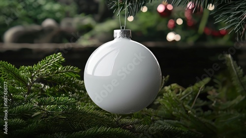 A pristine white Christmas ornament hangs among evergreen branches, festive.