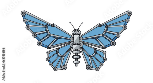 A detailed illustration of a blue mechanical butterfly with segmented, metallic wings.