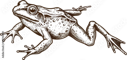 Detailed vintage illustration of a frog with textured skin in a dynamic jumping or swimming pose.
