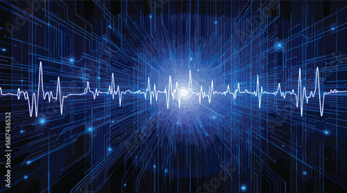 Blue Digital Energy Field with White Heartbeat Line Overlay vector illustration.
