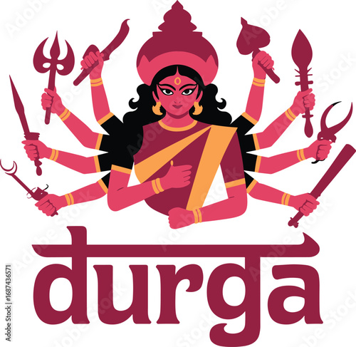Durga Illustration with Multiple Arms Holding Weapons on Transparent Backdrop