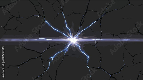 Bright White and Blue Lightning Strike Through Cracked Dark Surface abstract explosion.