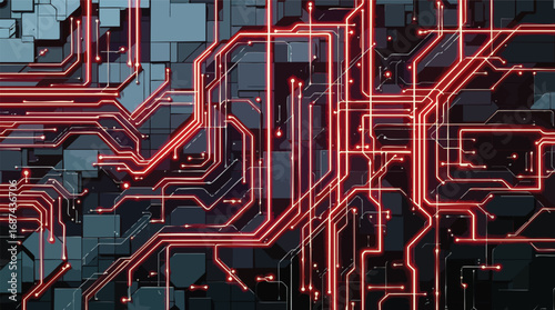 Futuristic circuit board with glowing red energy lines and dark gray textured tiles abstract technology.