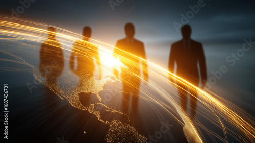 Illuminated Path: A silhouette of a business team walking on a illuminated path, symbolizing their journey, teamwork, and direction in the corporate world.