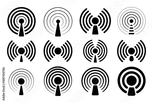 Collection of 12 Black and White Wi-Fi and Signal Icons
