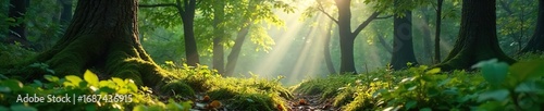 Serene forest scene with sunlight filtering through leaves, creating dappled shadows on the mossy ground Perfect for nature-themed projects and calming backgrounds , summer, ground