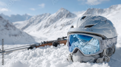 winter sports gear on snow ice skates, ski helmet with goggles reflecting snowy mountains, biathlon rifle