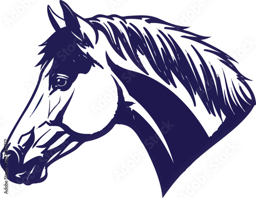 Elegant profile portrait of a pinto horse, dark blue ink illustration.