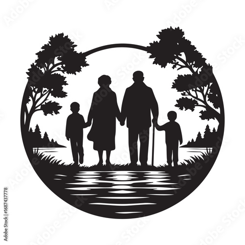 grandparents with kids vector silhouette clipart logo design illustration