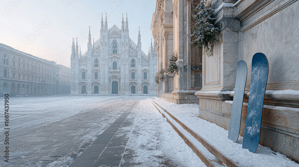 Naklejka premium Snow-covered Piazza del Duomo in Milan, iconic cathedral in soft winter fog