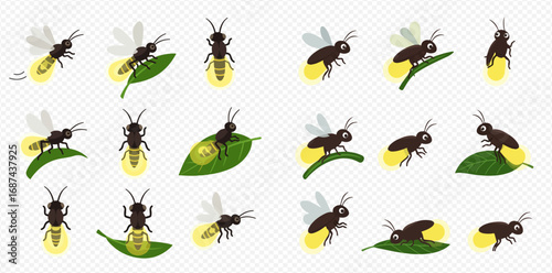 A charming collection of cartoon fireflies glowing brightly, some flying while others rest on vibrant green leaves.