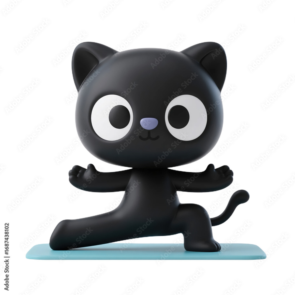 Obraz premium A cute 3D cartoon illustration of a black cat doing a yoga pose on a mat, symbolizing relaxation, mindfulness, and a healthy lifestyle.