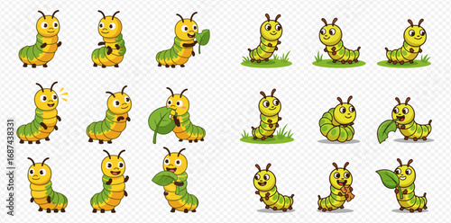 A delightful collection of cute cartoon caterpillars showcasing various poses, expressions, and interactions with green leaves.