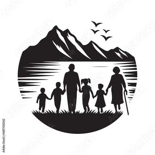 grandparents with kids vector silhouette clipart logo design illustration