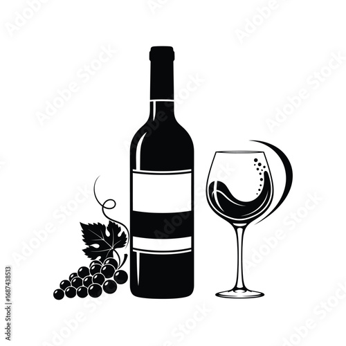 Elegant wine bottle and glass with grapes silhouette vector illustration vector