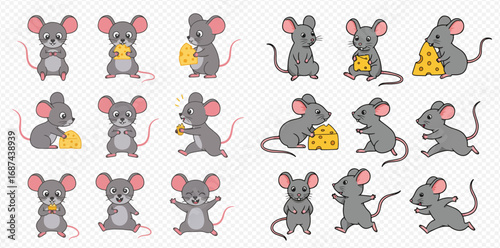 A set of cute cartoon grey mice characters depicted in various poses, some happily interacting with yellow cheese.