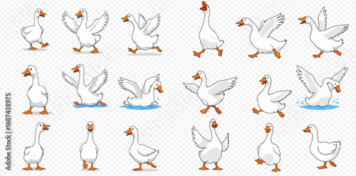Cartoon white geese in various poses like walking, running, flapping wings, and swimming on a transparent background.