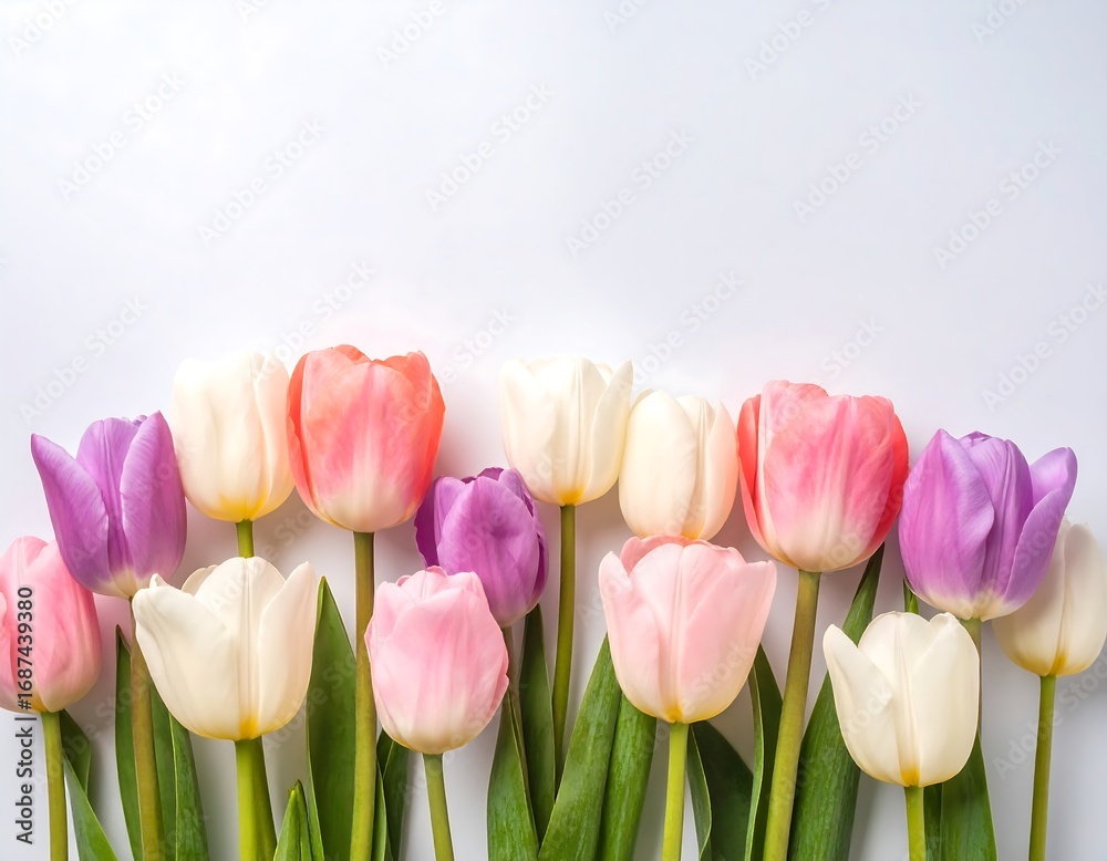 Naklejka premium Pastel tulips arranged in a horizontal line on a white background