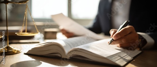 The lawyer reviewing documents with scales of justice in the background.