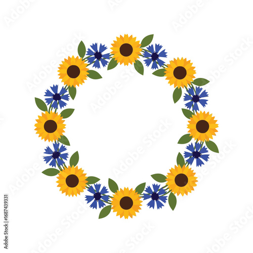 Floral wreath sunflowers cornflowers summer bloom decorative frame invitation element vector