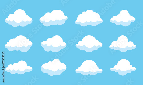 Cartoon flat white clouds set on blue background. Fluffy white cartoon clouds. Vector set of cartoon flat clouds illustration. Clouds
