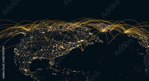 Earth's illuminated cities connected by glowing digital pathways across continents.