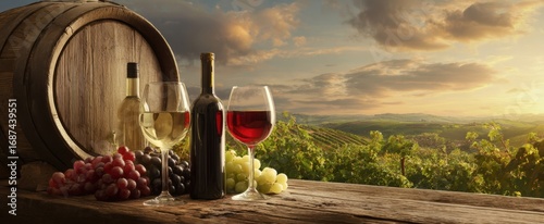 The serene wine experience with bottles and glasses in a vineyard setting.