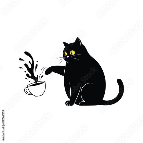 Playful black cat knocking over coffee cup splashing liquid art illustration vector