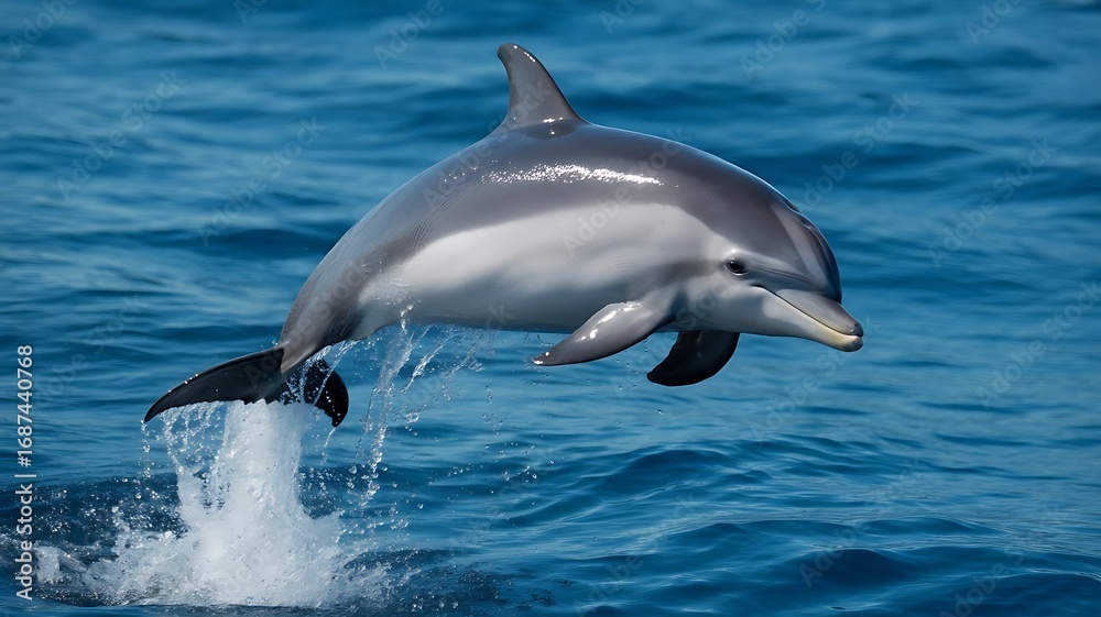 Naklejka premium A single dolphin jumping out of the water on a sunny day
