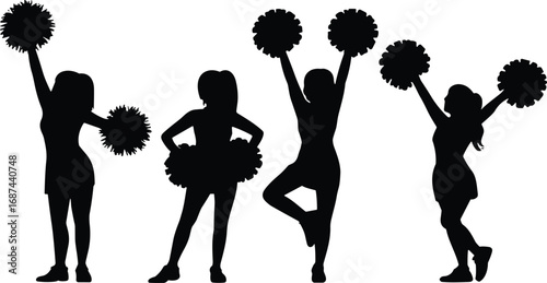 Cheerleader silhouettes with pom poms, dance performance poses, cheerleading team vector, energetic spirit girls, sports celebration, competition routine, festival performance illustration