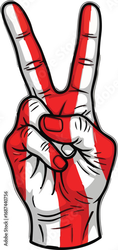 A hand painted in red and white stripes makes a peace sign.