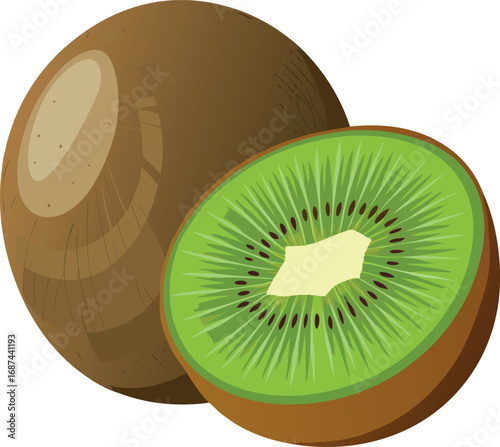 Vector vector art of a whole kiwi fruit and a half kiwi fruit transparent background