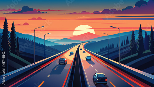 Traffic flows like a river of light on a busy urban highway at night
