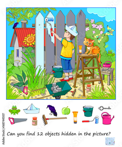 Can you find 12 objects hidden in the picture? Logic puzzle for smartest. Search and find game. Drawing of a boy working in garden. Page for kids brain teaser book. Hand drawn vector illustration.