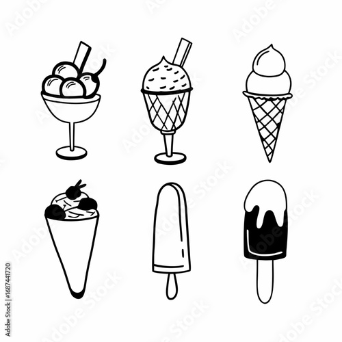 Illustration of various ice cream desserts in doodle style