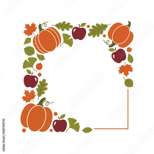 Autumn harvest corner frame featuring pumpkins apples fall leaves seasonal decor vector