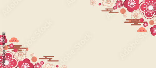 Banner template with stylized flowers, clouds in Chinese traditional style. Minimalistic style. Vector illustration.
