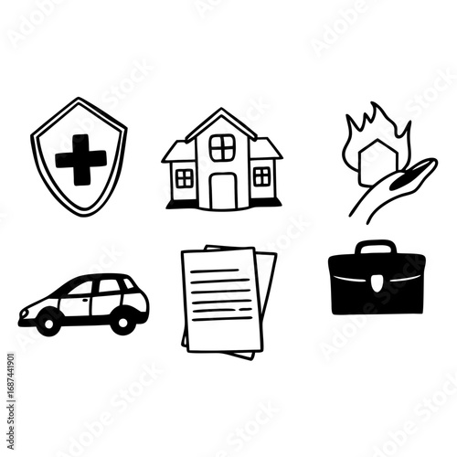 Insurance doodle icon set with shield, house, fire, car, document